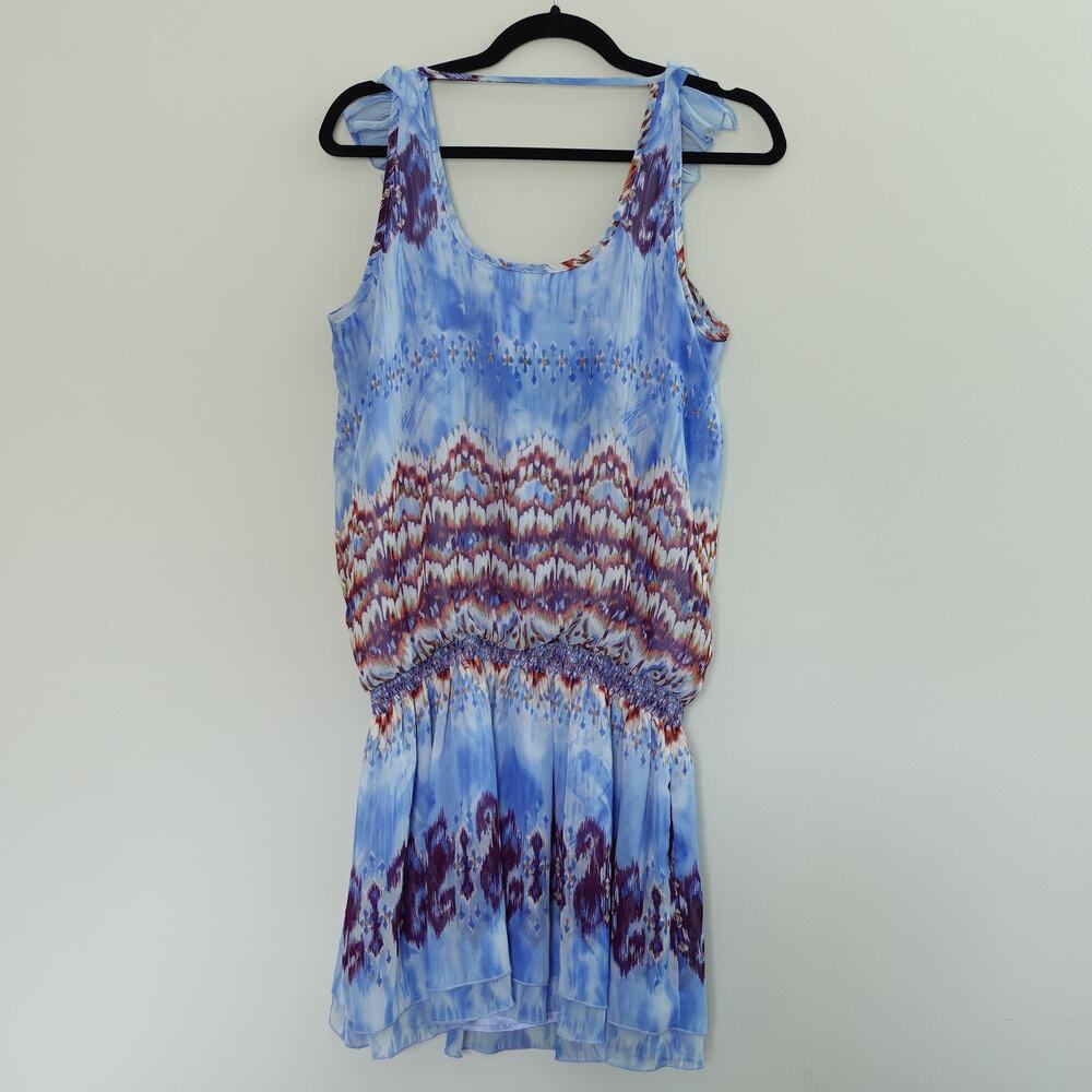 Guess Blue Multicolor Short Mini Boho Flutter Sleeve Blouson Dress Size Large - Picture 9 of 9